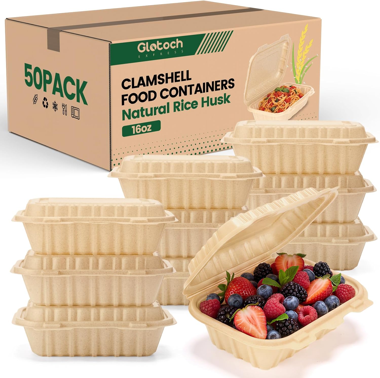 Meal Prep Microwave - 50 stuks 16oz clamshell afhaalkratjes, natuurlijke